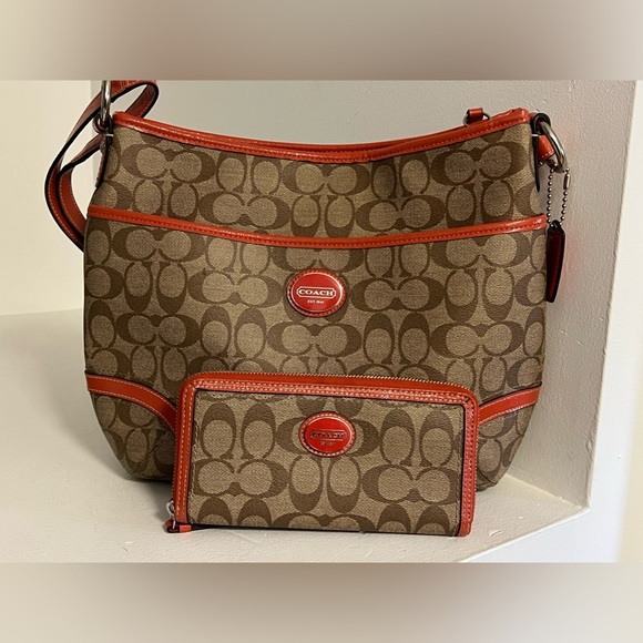 Coach Handbags - Coach | Signature Monogram ‘Peyton’ Tan and Orange Purse and Wallet